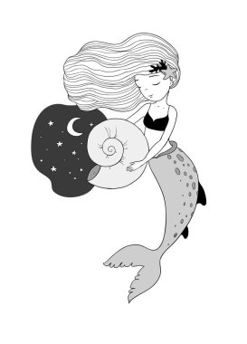 Tatlı çizgi film küçük denizkızı. Siren sesi. Deniz teması.