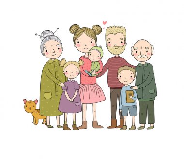 mutlu bir aile. Çocuklu ebeveynler. Sevimli karikatür baba, anne, kızı, oğlu ve bebek. büyükanne ve büyükbaba. Komik evcil kedi - Vektör