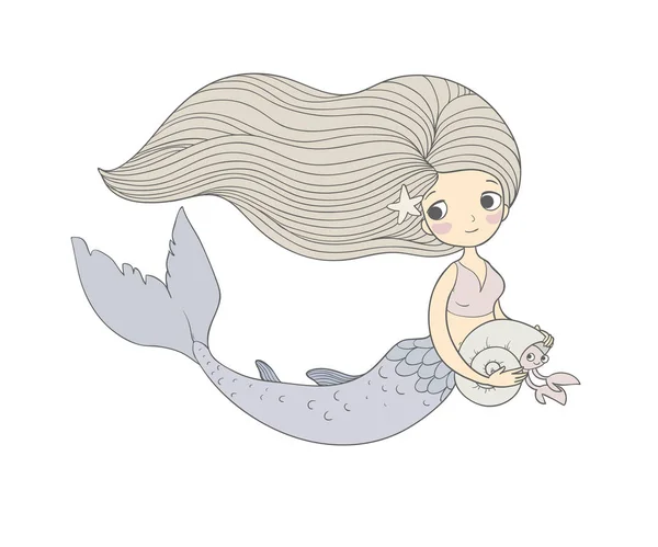 Cute cartoon little mermaid. Siren. Sea theme. — Stock Vector