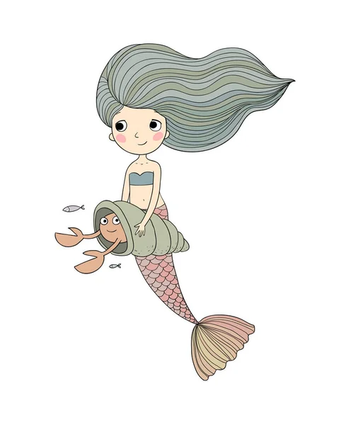 Linda caricatura sirenita. Sirena. Tema Mar . — Vector de stock