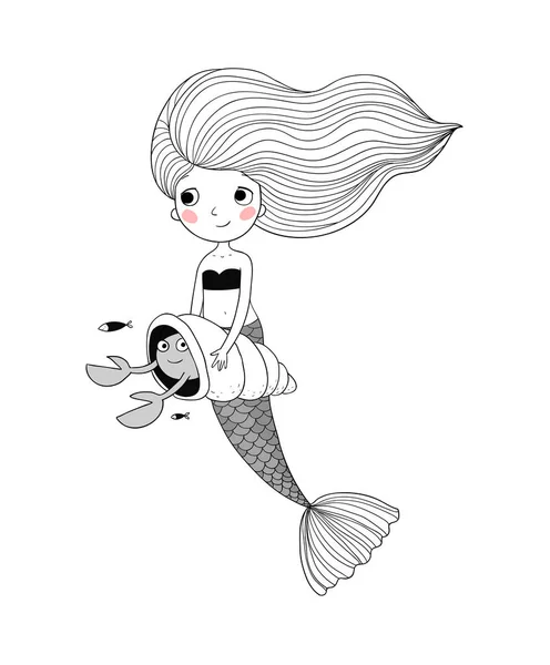 Bonito desenho animado pequena sereia. Sirene. Tema mar . — Vetor de Stock