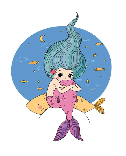 Cute cartoon little mermaid. Siren. Sea theme. — Stock Vector