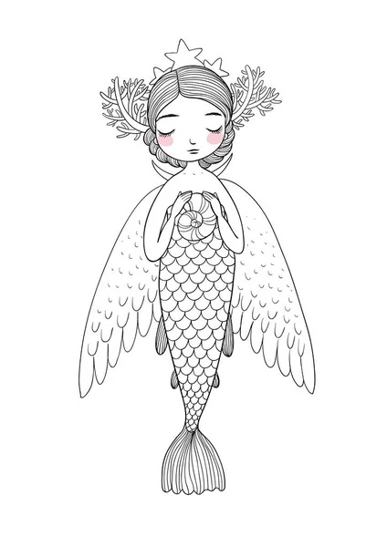 Bonito desenho animado pequena sereia. Sirene. Tema mar . —  Vetores de Stock