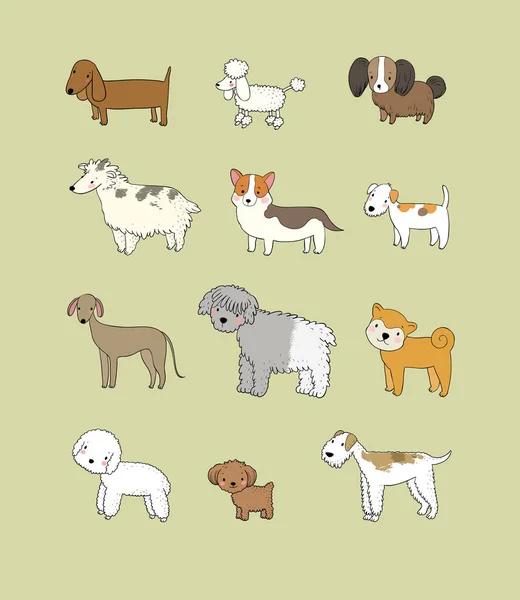 犬のコレクション。異なる品種のかわいい漫画の子犬 - ベクトル — ストックベクタ