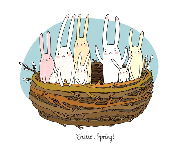 Ручной рисунок. Милые мультяшные кролики в гнезде. Пасхальный кролик. Детская сказка - Вектор — стоковый вектор