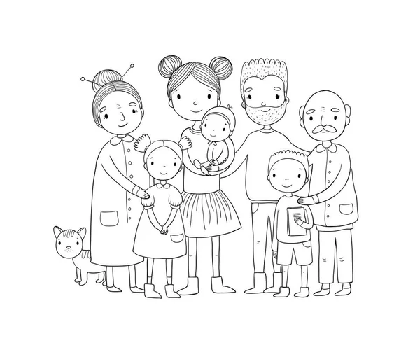 Familia feliz. Padres con hijos. Lindo padre de dibujos animados, mamá, hija, hijo y bebé. abuela y abuelo. Gato mascota divertido - Vector — Vector de stock