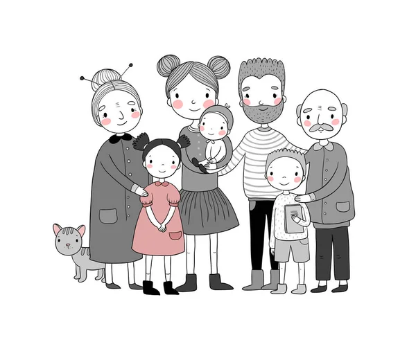 Familia feliz. Padres con hijos. Lindo padre de dibujos animados, mamá, hija, hijo y bebé. abuela y abuelo. Gato mascota divertido - Vector — Archivo Imágenes Vectoriales