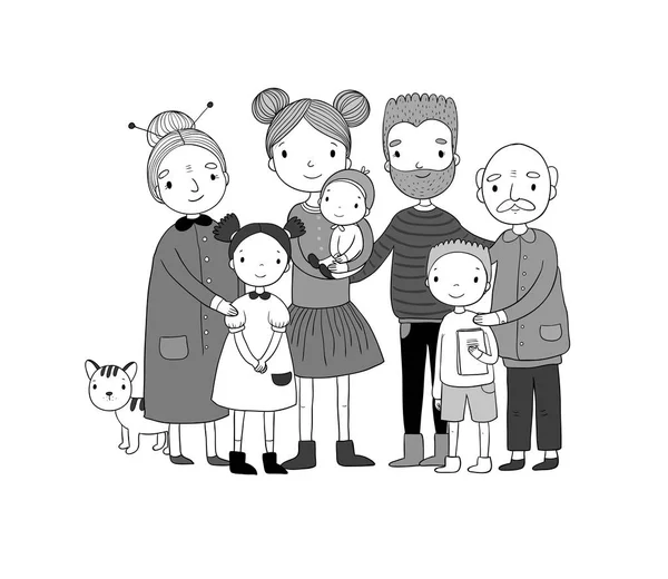 Familia feliz. Padres con hijos. Lindo padre de dibujos animados, mamá, hija, hijo y bebé. abuela y abuelo. Gato mascota divertido - Vector — Vector de stock