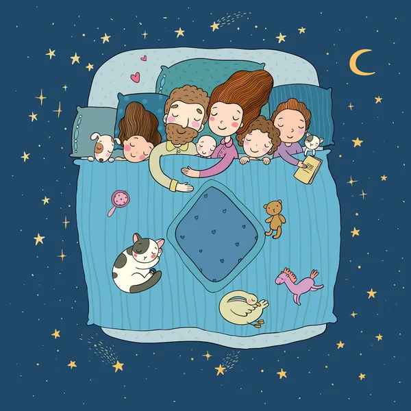 La famiglia dorme a letto. Mamma, papà e bambini dei cartoni animati. Sogni d'oro. Buonanotte. Biancheria da letto. Animali simpatici. Illustrazione per il pigiama. Bambini felici. - Vettore — Vettoriale Stock