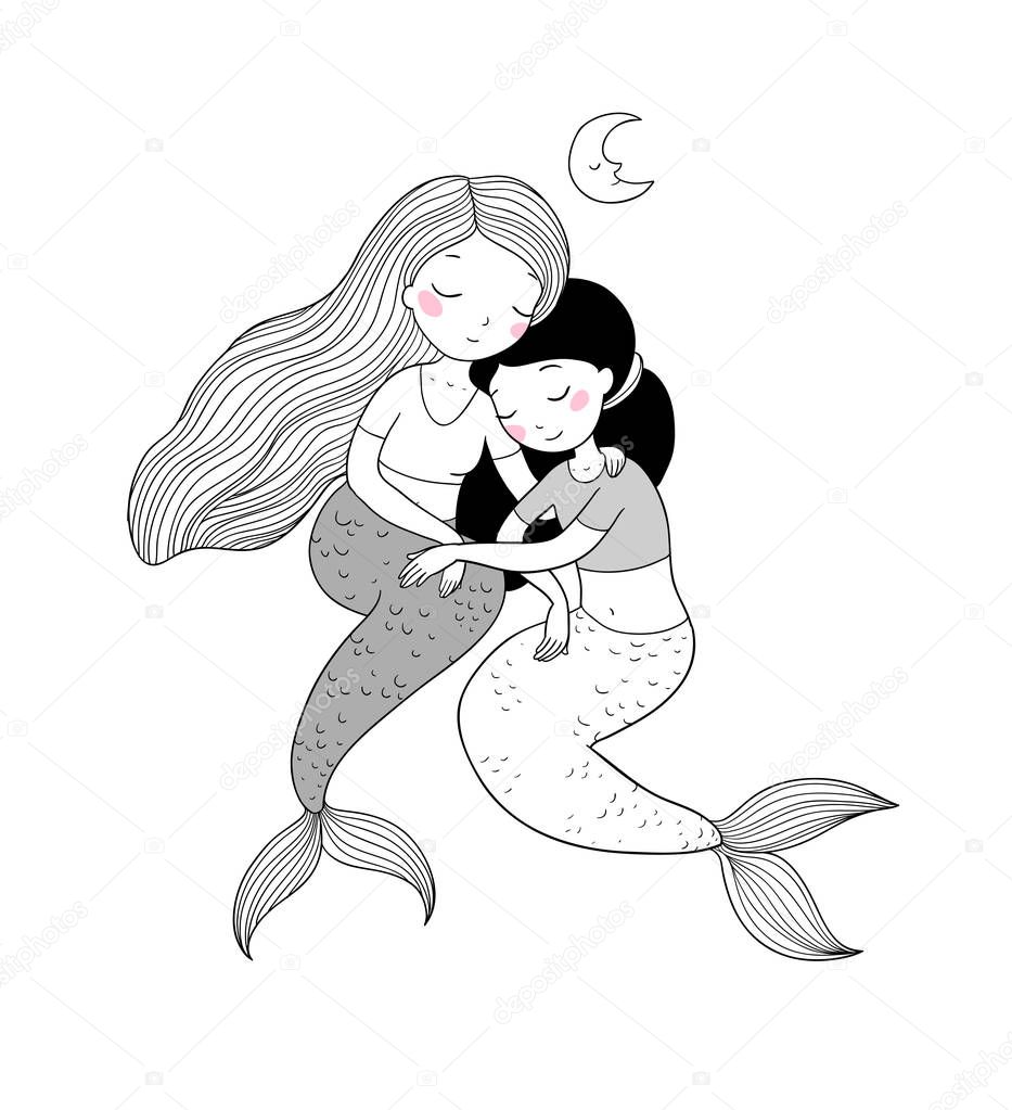 two cute cartoon princess mermaids. Siren. Marine theme. - Vector