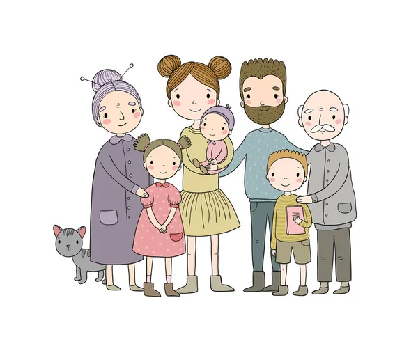 Szczęśliwej rodziny. Rodzice z dziećmi. Cute Cartoon tata, Mama, Córka, syn i dziecko. Babcia i dziadek. Śmieszne zwierzę Kot-wektor — Wektor stockowy