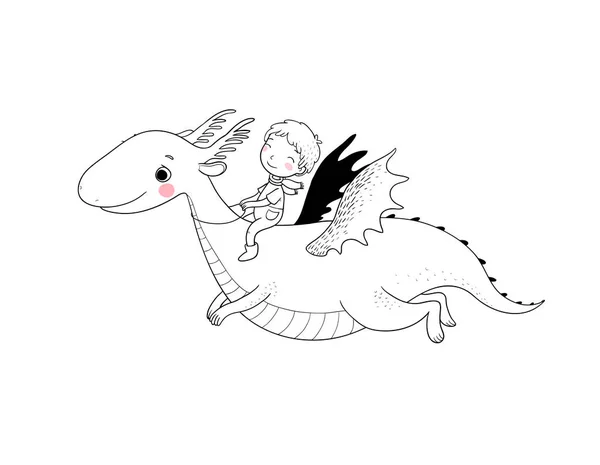 Der Junge und der Dinosaurier. der Prinz fliegt auf einem Drachen. — Stockvektor