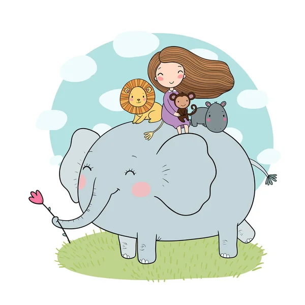 Linda chica de dibujos animados, elefante, mono e hipopótamo . — Archivo Imágenes Vectoriales