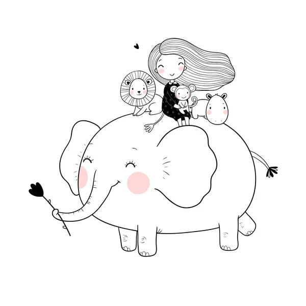 귀여운 만화 소녀, 코끼리, 원숭이와 하마. — 스톡 벡터