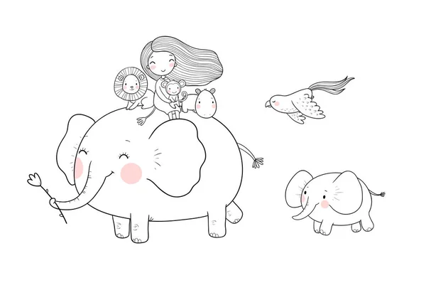 Linda chica de dibujos animados, elefante, mono e hipopótamo . — Vector de stock