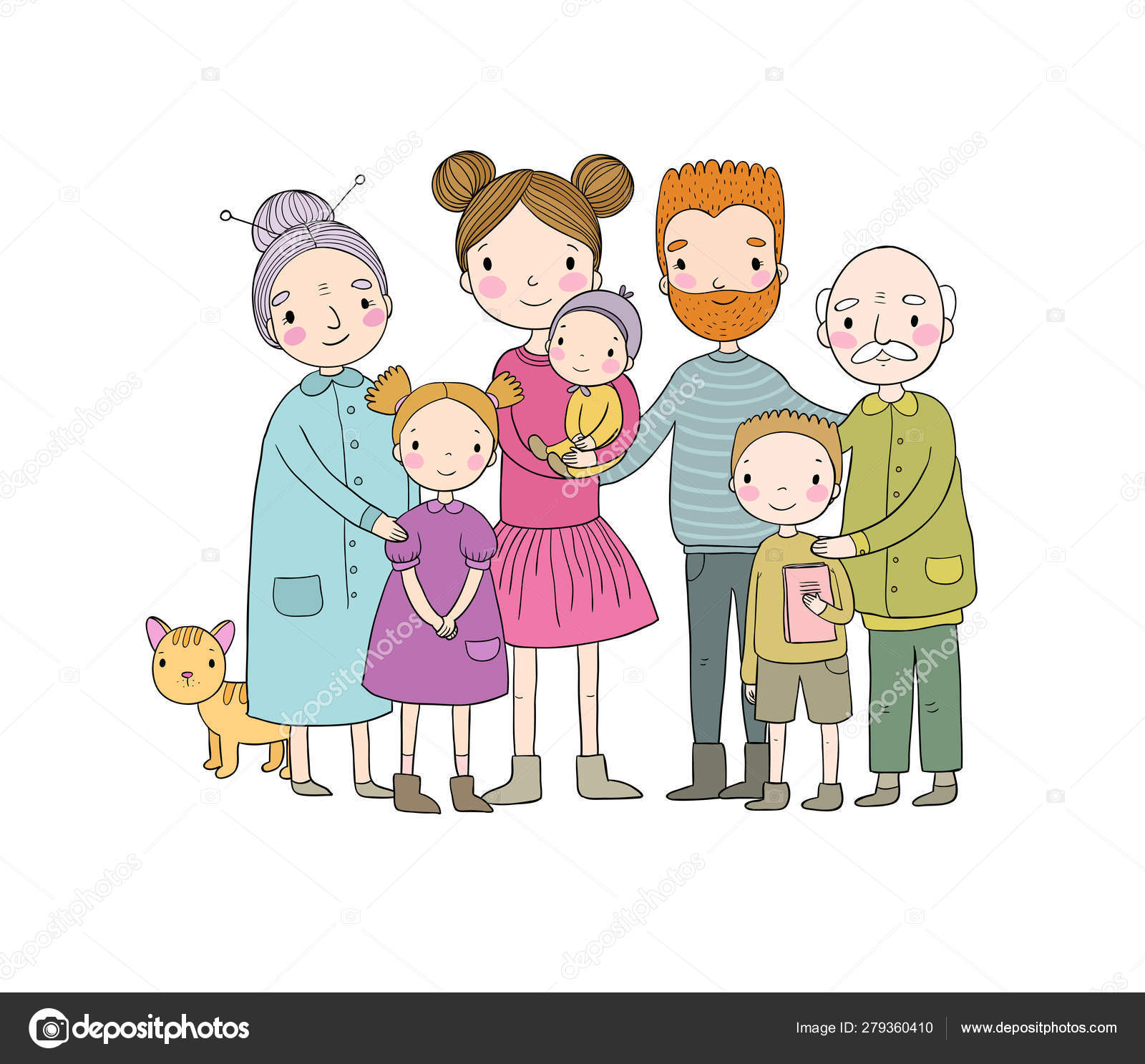 Happy family. Parents with children. Cute cartoon dad, mom, daughter, son  and baby. grandmother and grandfather. Funny pet cat - Vector Stock Vector  Image by ©Natasha_Chetkova #279360410