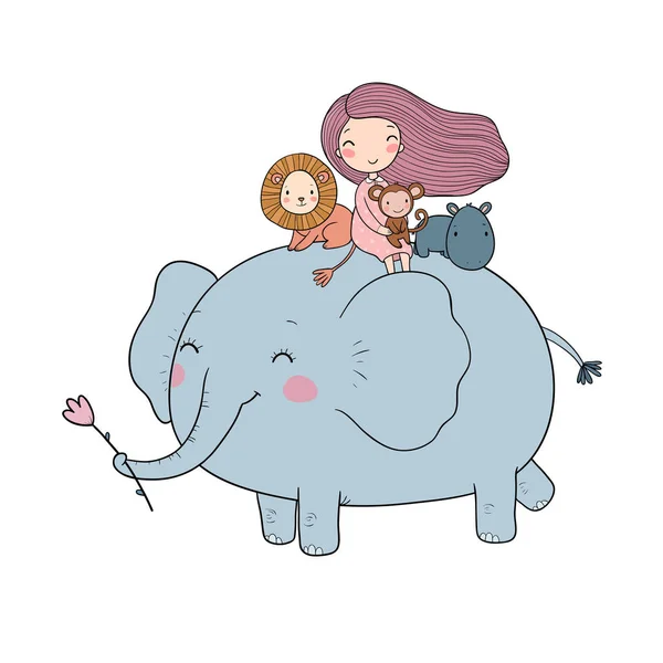 Söt tecknad flicka, elefant, apa och flodhäst. — Stock vektor