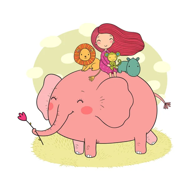 Linda chica de dibujos animados, elefante, mono e hipopótamo . — Vector de stock