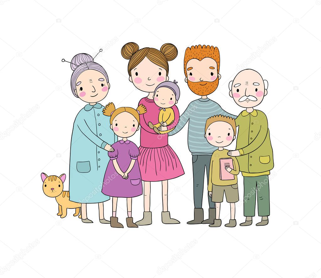 happy family. Parents with children. Cute cartoon dad, mom, daughter, son and baby. grandmother and grandfather. Funny pet cat - Vector