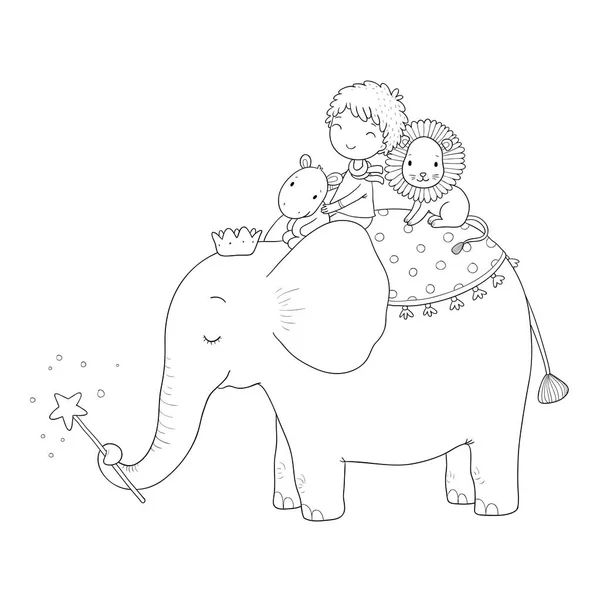 Lindo niño de dibujos animados y elefante grande . — Archivo Imágenes Vectoriales