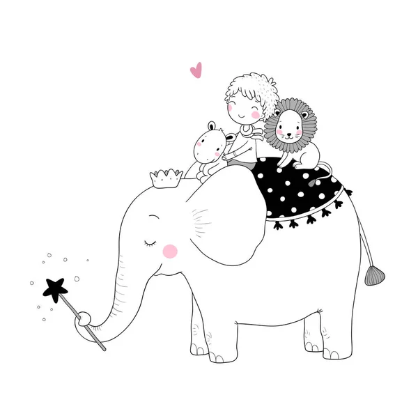 Aranyos rajzfilm kisfiú és nagy elefánt. — Stock Vector