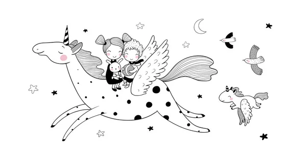 Mignon dessin animé garçon et fille et licorne — Image vectorielle