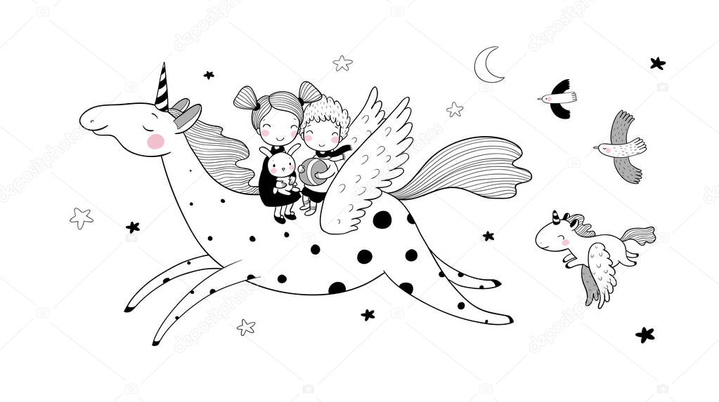 Cute cartoon boy and girl and unicorn