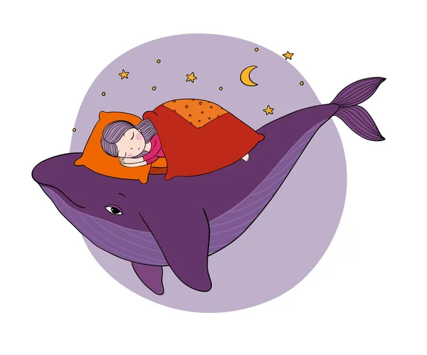 Una niña está durmiendo en una ballena. Acogedora cama. Tema del mar. Dibujo a mano objetos aislados sobre fondo blanco . — Vector de stock