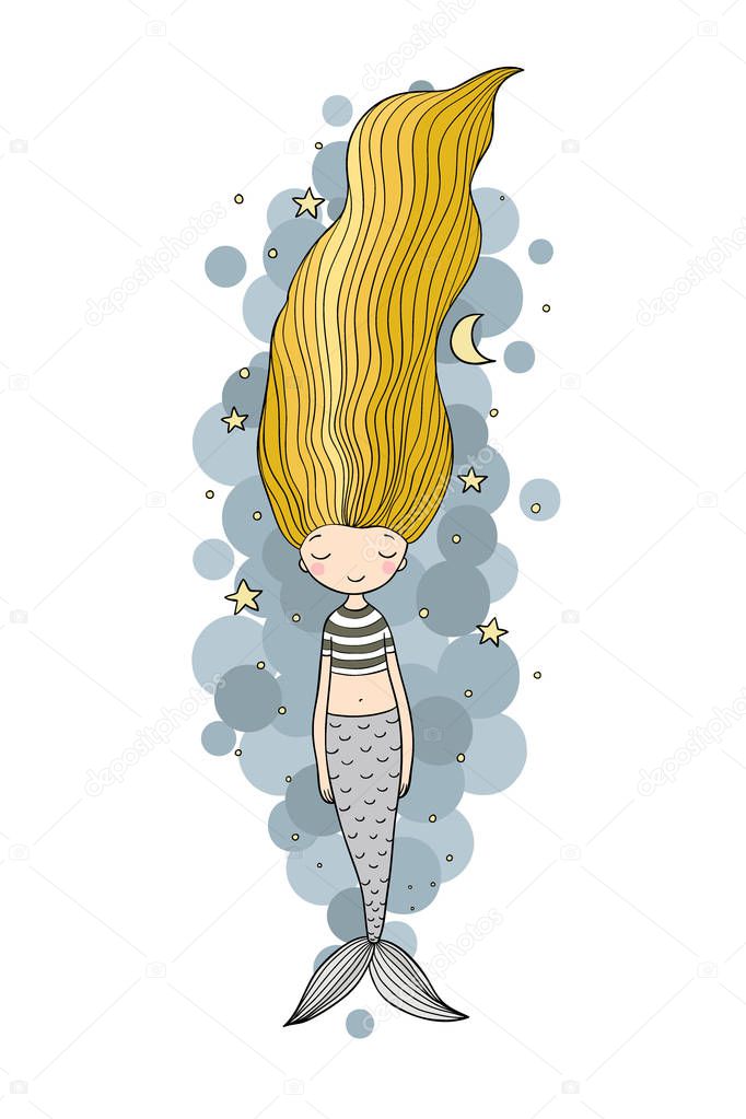 Beautiful cute cartoon mermaid with long hair. Siren. Sea theme.