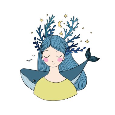 Güzel genç kız ile bir balina.