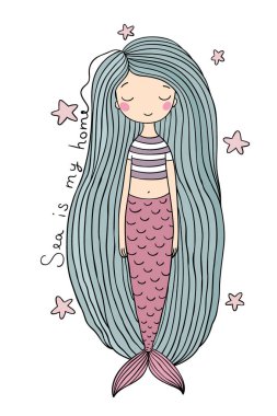 Uzun saçlı güzel sevimli çizgi denizkızı. Siren. Deniz Tema.