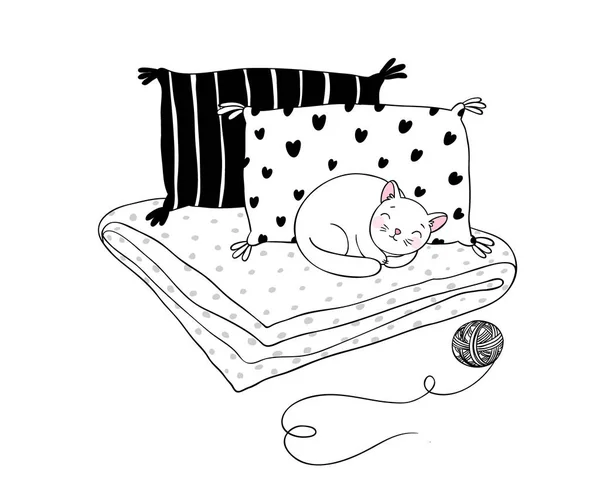 Красивые подушки и кошка на белом фоне . — стоковый вектор