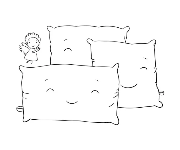 Hermosas almohadas y lindo angelito . — Vector de stock