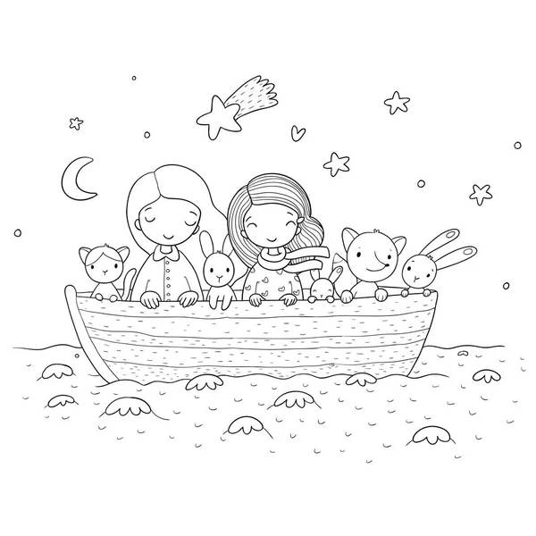 Lindos niños de dibujos animados en el barco. dos hermanitas, liebres graciosas y un gato. Los mejores amigos se fueron de viaje . — Vector de stock