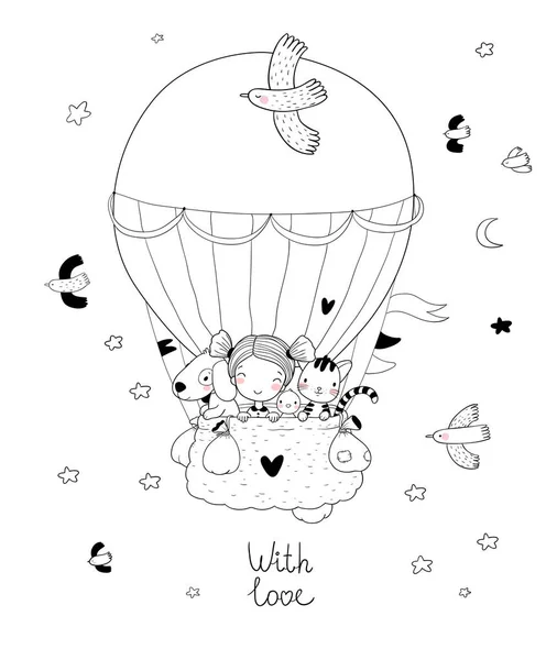 Aranyos rajzfilm lány és barátai repülnek egy léggömb. Kis hercegnő, csirke, macska-és kiskutya — Stock Vector