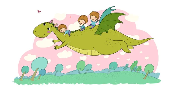 El chico y el dinosaurio. El príncipe vuela sobre un dragón . — Archivo Imágenes Vectoriales