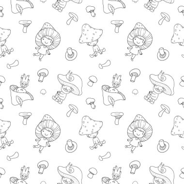 Pattern with cute cartoon gnomes mushrooms. Forest elves. Little fairies clipart