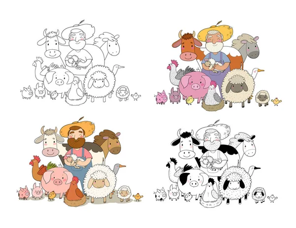 Roztomilý kreslený farmář a zvířata. Venkovan a kráva, kůň a ovce, kuře a husa, prase a kohout. — Stockový vektor