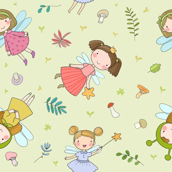 Pattern with cute cartoon fairies. Fairy elves. Childrens illustration. tooth Fairy — Stock Vector