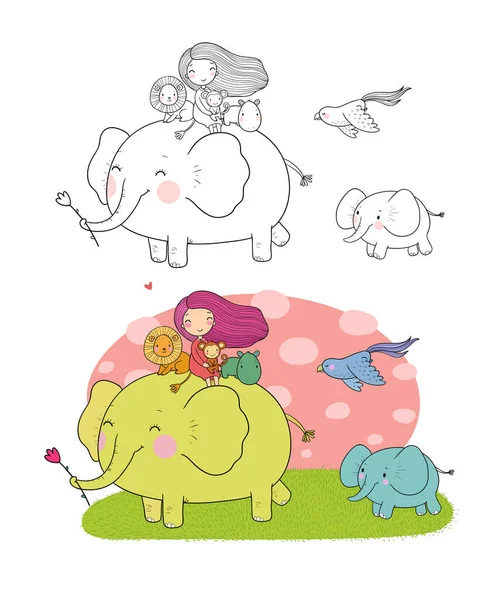 Aranyos rajzfilm lány, elefánt, majom és víziló. Afrikai állatok. — Stock Vector
