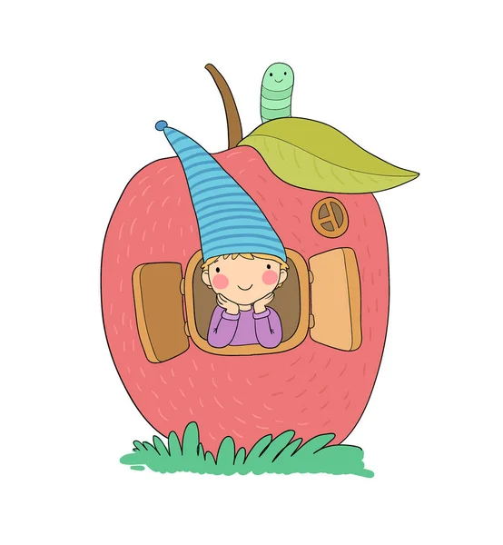 Mignon gnome de dessin animé dans la maison de la pomme. Elfe de bois — Image vectorielle