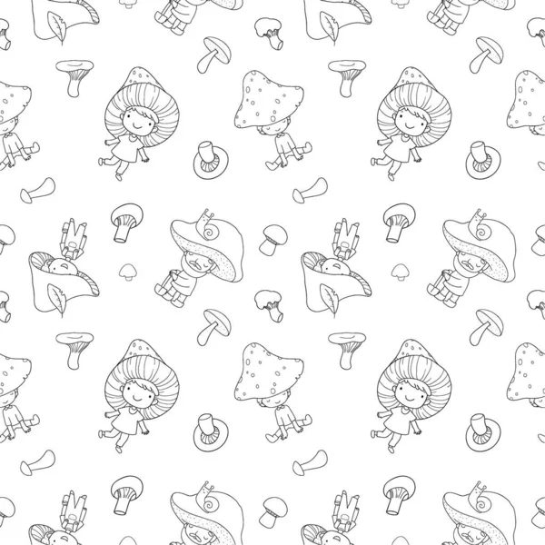 Pattern with cute cartoon gnomes mushrooms. Forest elves. Little fairies — Stock Illustration Pattern with cute cartoon gnomes mushrooms. Forest elves. Little fairies Royalty Free Stock Vectors