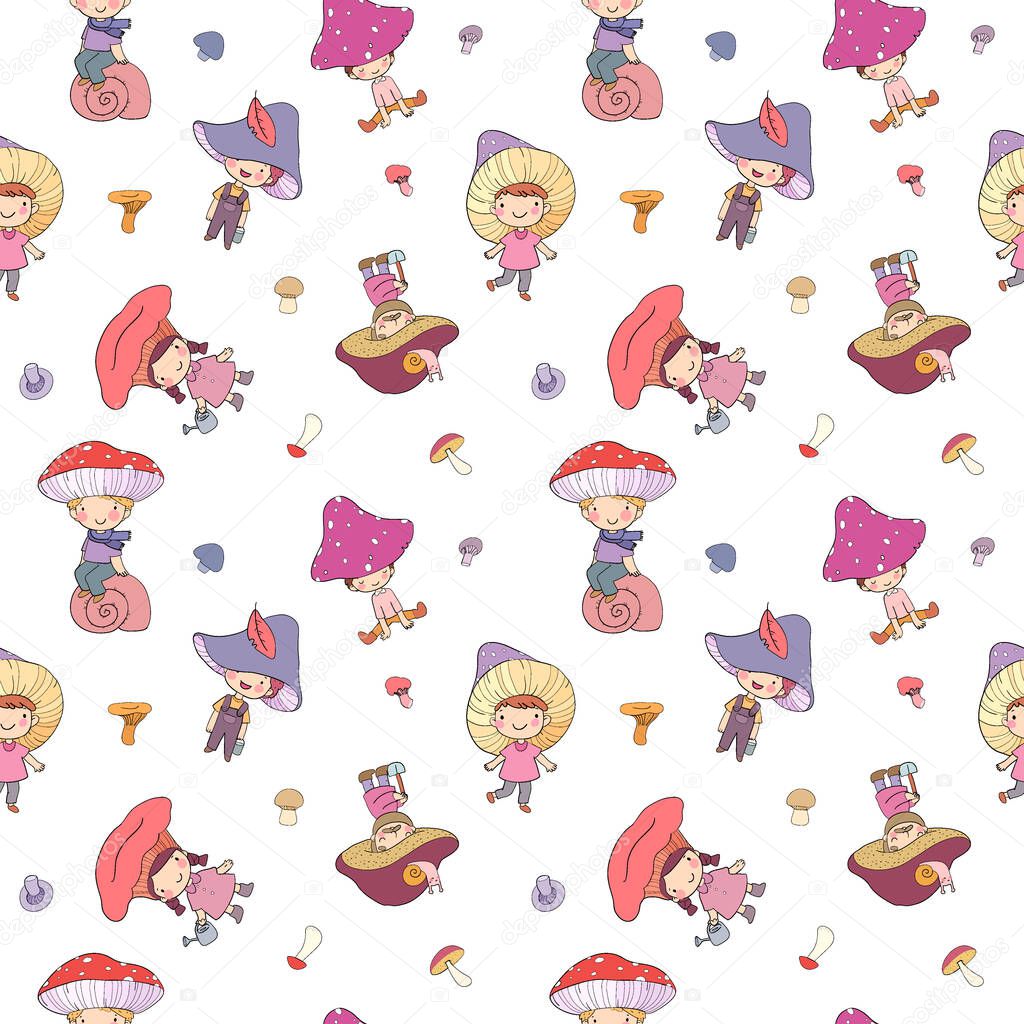 Pattern with cute cartoon gnomes mushrooms. Forest elves. Little fairies