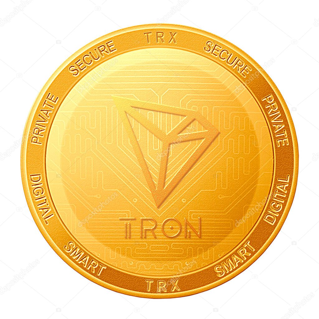 TRON coin isolated on white background; TRON TRX cryptocurrency