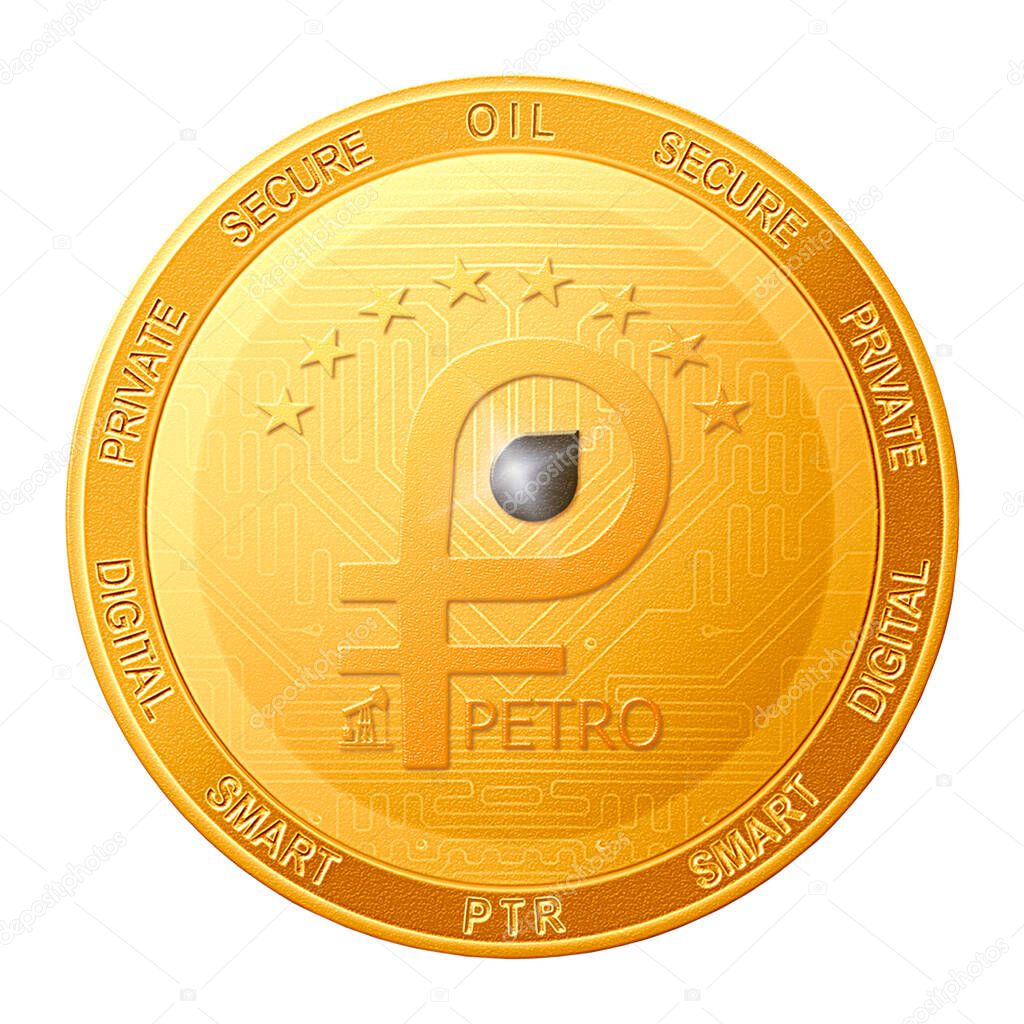 Petro coin isolated on white background; Petro PTR cryptocurrency