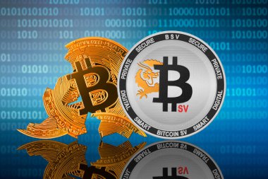 Bitcoin SV (BSV) ikili kod arka planında bozuk para bitcoin önünde duruyor
