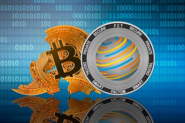 Factom (FCT) madeni para ikili kod arkaplanı üzerinde kırık bozuk para bitcoin önünde duruyor; gerçek lider; bitcoin çökmesi