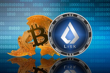 Lisk (LSK) madeni para ikili kod arka planı üzerinde bozuk para bitcoin önünde durur; lisk lideri; bitcoin çökmesi