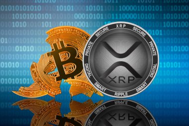 XRP madeni para ikili kod arka planı üzerinde kırık bozuk para bitcoin önünde duruyor; xrp lideri; bitcoin çökmesi