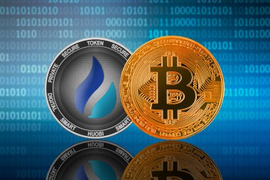 İkili kod arka planında Bitcoin (BTC) ve Huobi Token (HT); bitcoin huobi 'ye karşı
